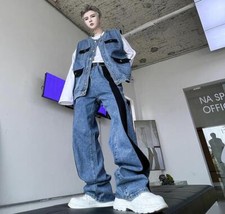 Men Autumn Fashion Round Collar Sleeveless Vest Jackets Loose Denim Trousers 2PC