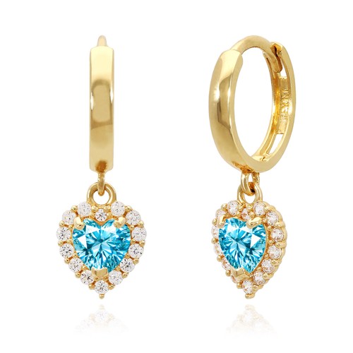 14K Yellow Gold Halo Heart Birthstone CZ Huggie Earrings - Picture 57 of 61