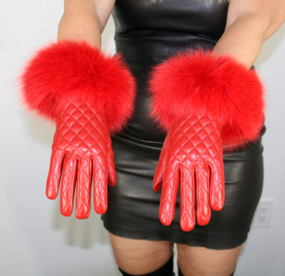 Brand New Quilted Red Lambskin Leather Gloves Red Fox Fur Trim