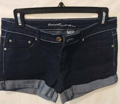 WOMENS TOUCH ME DARK WASH LOW RISE DIAMOND STUD ROLL CUFF MINI DENIM SHORTS SZ 5