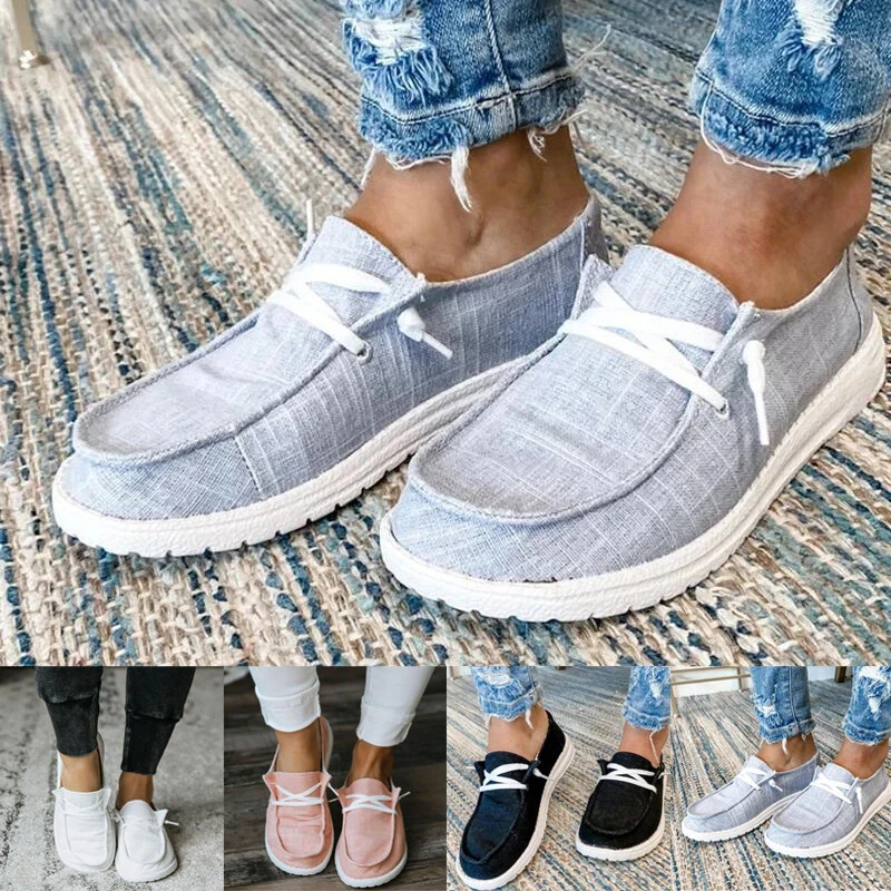 Womens Trainers Comfy Lace Canvas Loafers Slip On Flat Casual Sneakers Shoes | eBay