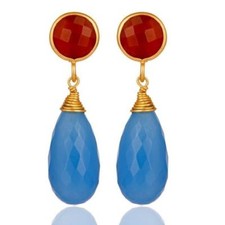 Blue Chalcedony Red Onyx Gemstone 925 Sterling Silver Dangle Earring Jewelry