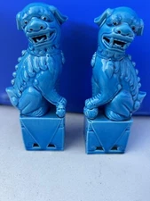 Vintage Chinese Turquoise Blue Porcelain Pair FOO DOGS Figurines