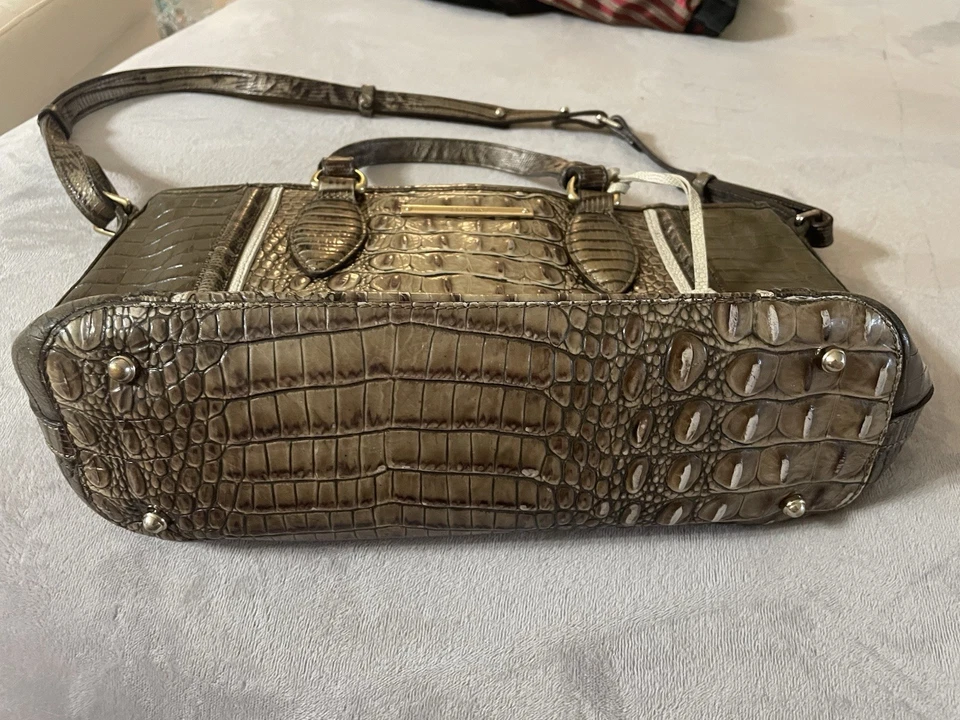 Brahmin Mini Asher Gray Leather w/ White Stripe Handle Removable Shoulder Strap - Image 2 of 4