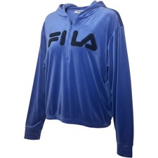 FILA Womens Velour Half Zip Hoodie Size M Blue Velvet Logo Y2K Athleisure