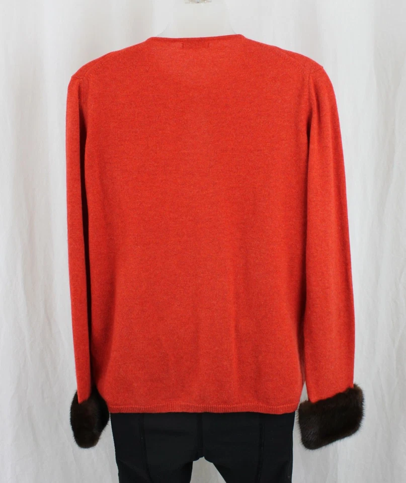 Suéter cardigã feminino Vera Wang laranja 100% cashmere acabamento de pele manga longa M - Imagem 2 de 4