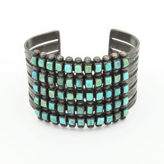 Southwest Sterling Silver & Turquoise Sawtooth Bezel Row Cuff Bracelet #S4559 1