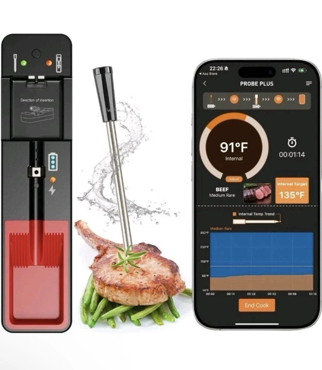 Smart Bluetooth Cooking Thermometer, Long-Range Wireless Meat Thermometer