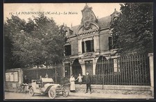 Old postcard La Possonnière / M.-et-L., the town hall with car and bicycles in front 