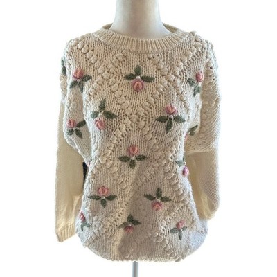 Vintage 1980s Granny-core Needles & Yarn Knit Faux Pearl Floral Sweater (Large)