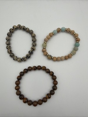 Lot of 3 Stretch Beaded Bracelets Jasper Tiger Eye Amazonite Wood Boho Stack Set