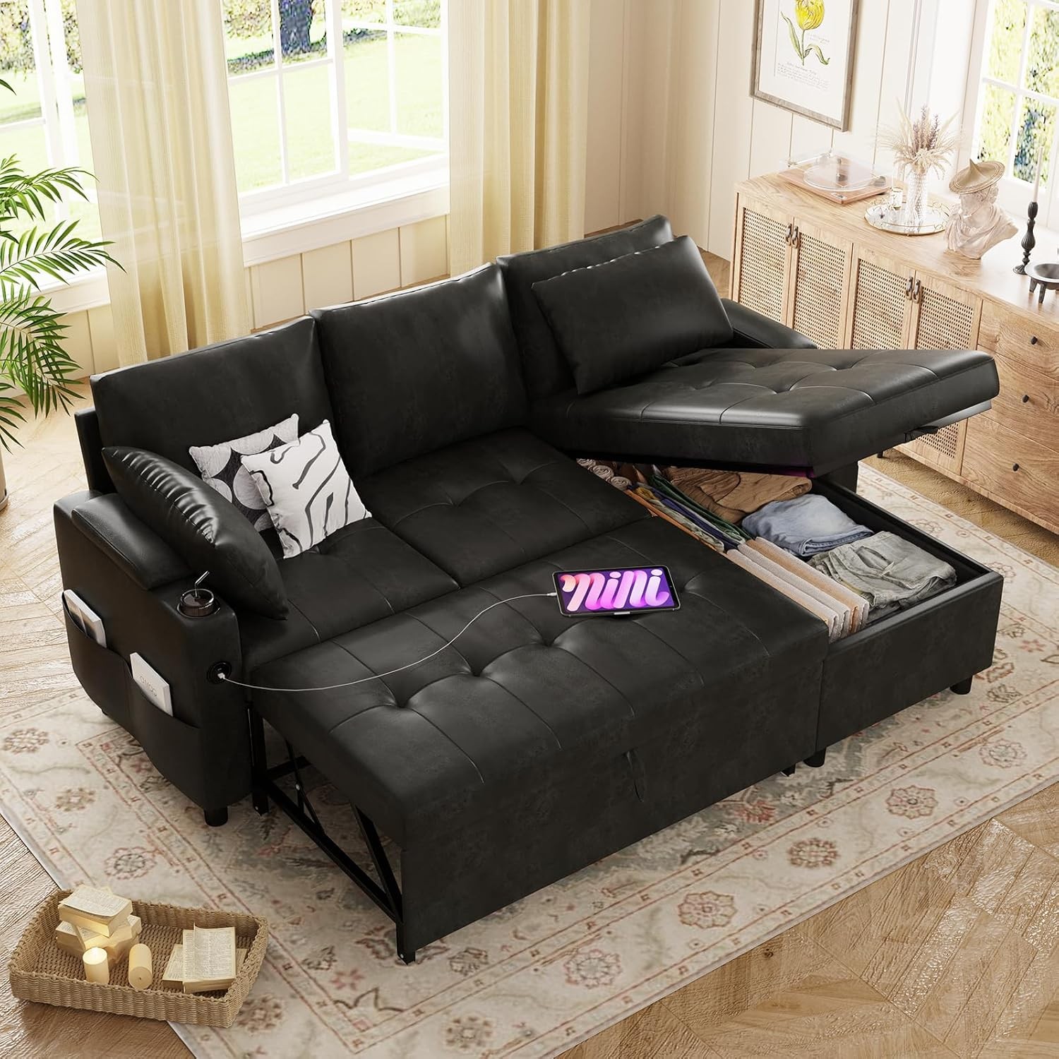 Sleeper Sofa Bed 3-in-1 Pull Out Sectional Couch w/ Reversible Chaise & Storage