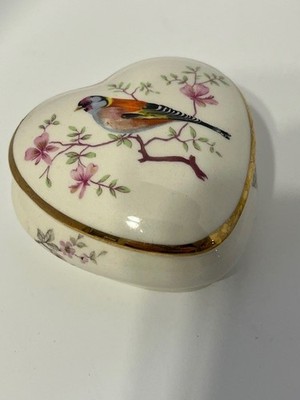 Vintage Royal Worcester Palissy Bird Motif Heart Ceramic Trinket Box