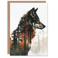 Doppelbelichtung Herbst Wald BäUme Mann Wolf Geburtstagskarte