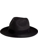 Pineapple&Star Sun Straw Fedora Beach Hat Fine Braid UPF50+ for Small Black