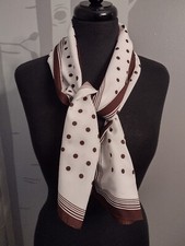 Vintage Silk Scarf Polka Dot Approx 46"x 10" Hand Rolled Hem Brown  White
