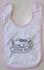 New Baby Bib with “Flying Rocks”, pink trim, hook & loop closure, one size