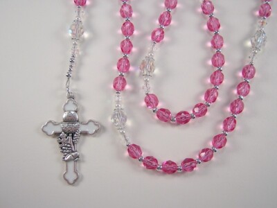 Girls 1st Communion Pink Rose Rosary Czech Glass Chica Primera Comunión Rosario