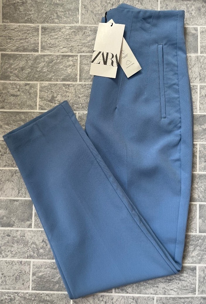 BNWT Ladies ZARA Light Cornflower Blue High Rise Tapered Trousers Size