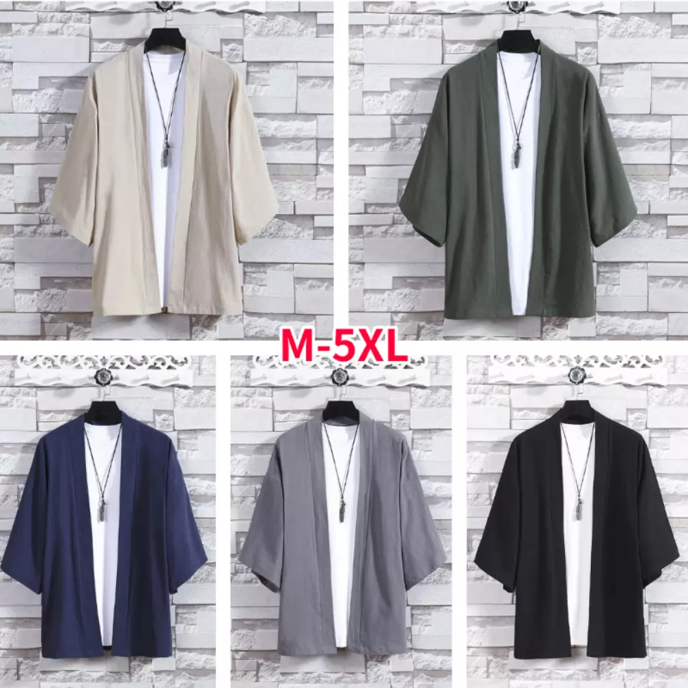 Men Kimono Jacket Coat Tops Cardigan 3 4 Sleeve Casual Cotton Linen Japanese