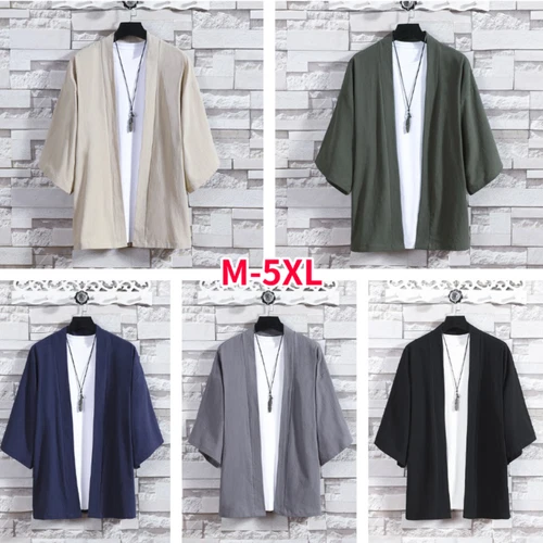 Men Casual Kimono Jacket Coat Tops 3/4 Sleeve Cotton Linen Japanese Cardigan Top - Bild 3 von 23