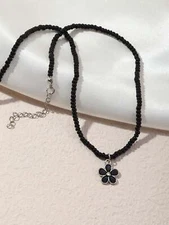 Black Flower Charm Beaded Necklace for Women Girls Accessories Jewelry Gifts