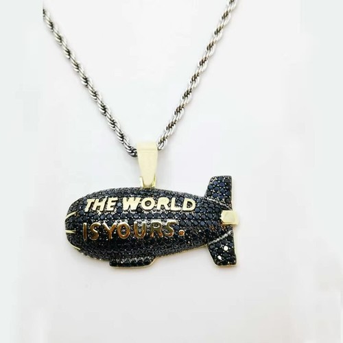 Lab Created Black Spinel 14K Yellow Gold Over Black Jet Plan Men's Pendant 2.5" - Picture 2 of 6