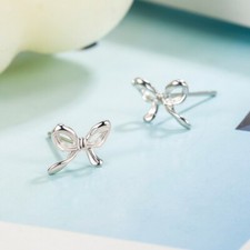 Shiny 925 Sterling Silver Cute Small Bow Tie Knot Stud Earrings Women Girl Gift
