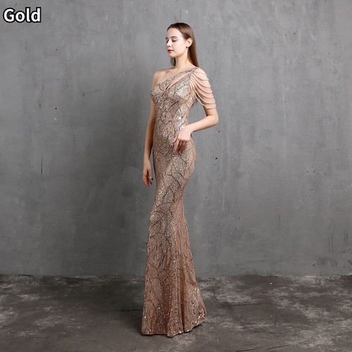 Women One Shoulder Sequins Evening Dress Beading Sleeve Formal Prom Bodycon - Picture 14 of 24