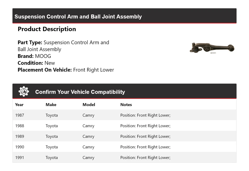 Braço de controle Toyota Camry 1987-1991 conjunto esférico dianteiro direito inferior M - Imagem 2 de 4