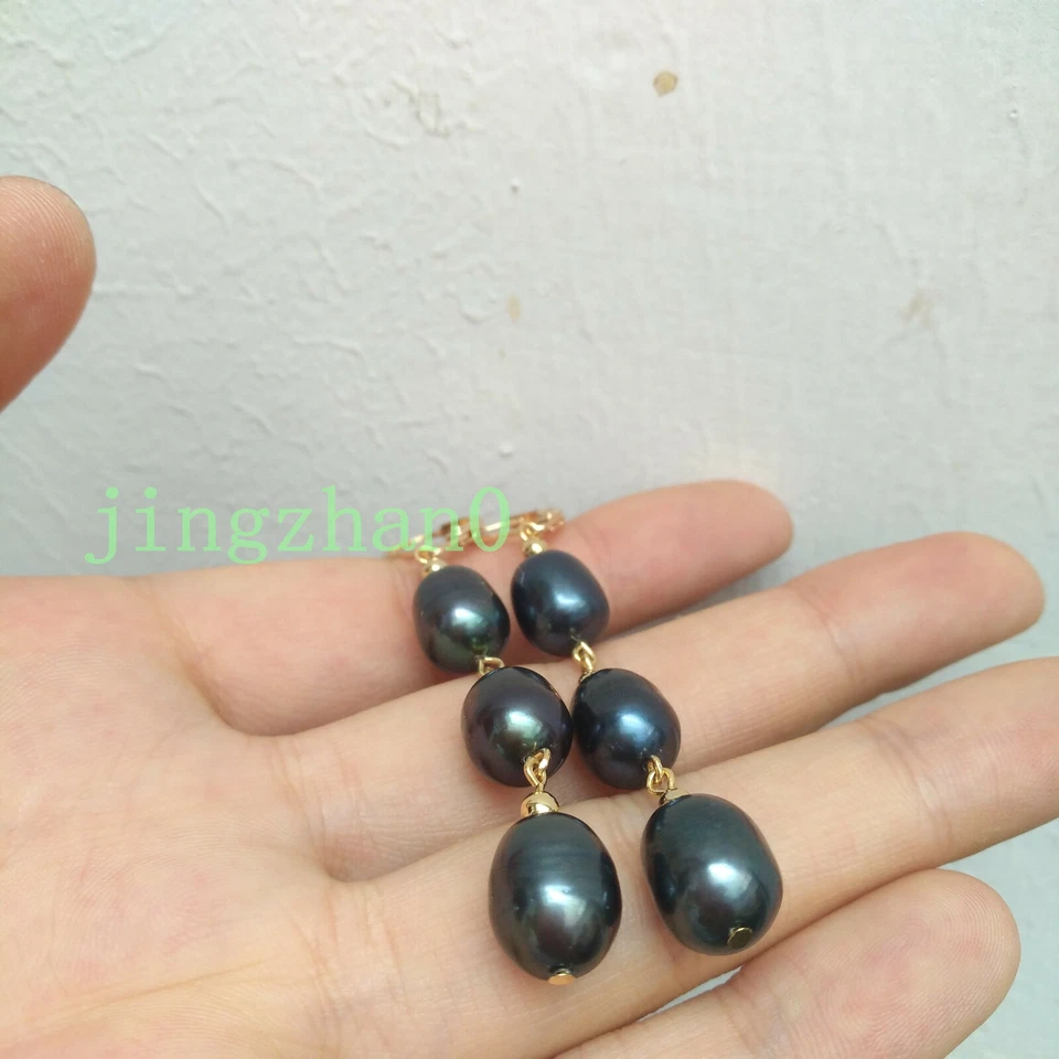 Encantadores Pendientes Largos Populares 8X10mm Mar del Sur Perla Negra Oro 14k Gancho P Foto 4 de 4