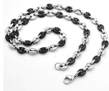Collier Chaine  bracelet   Acier Inoxydable Argenté  Noir Maille Grain de café 