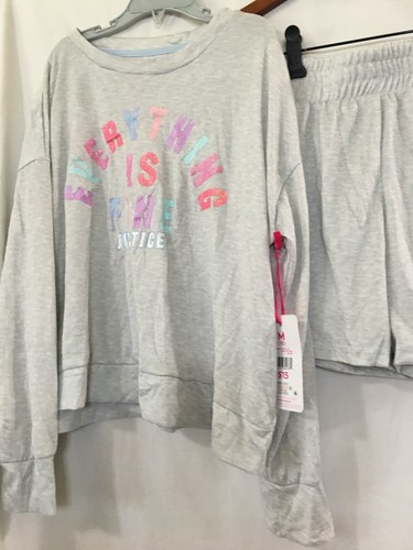 New Justice Girls Gray Long Sleeve Top & Short 2 Pc Pajama Set M - Picture 4 of 5