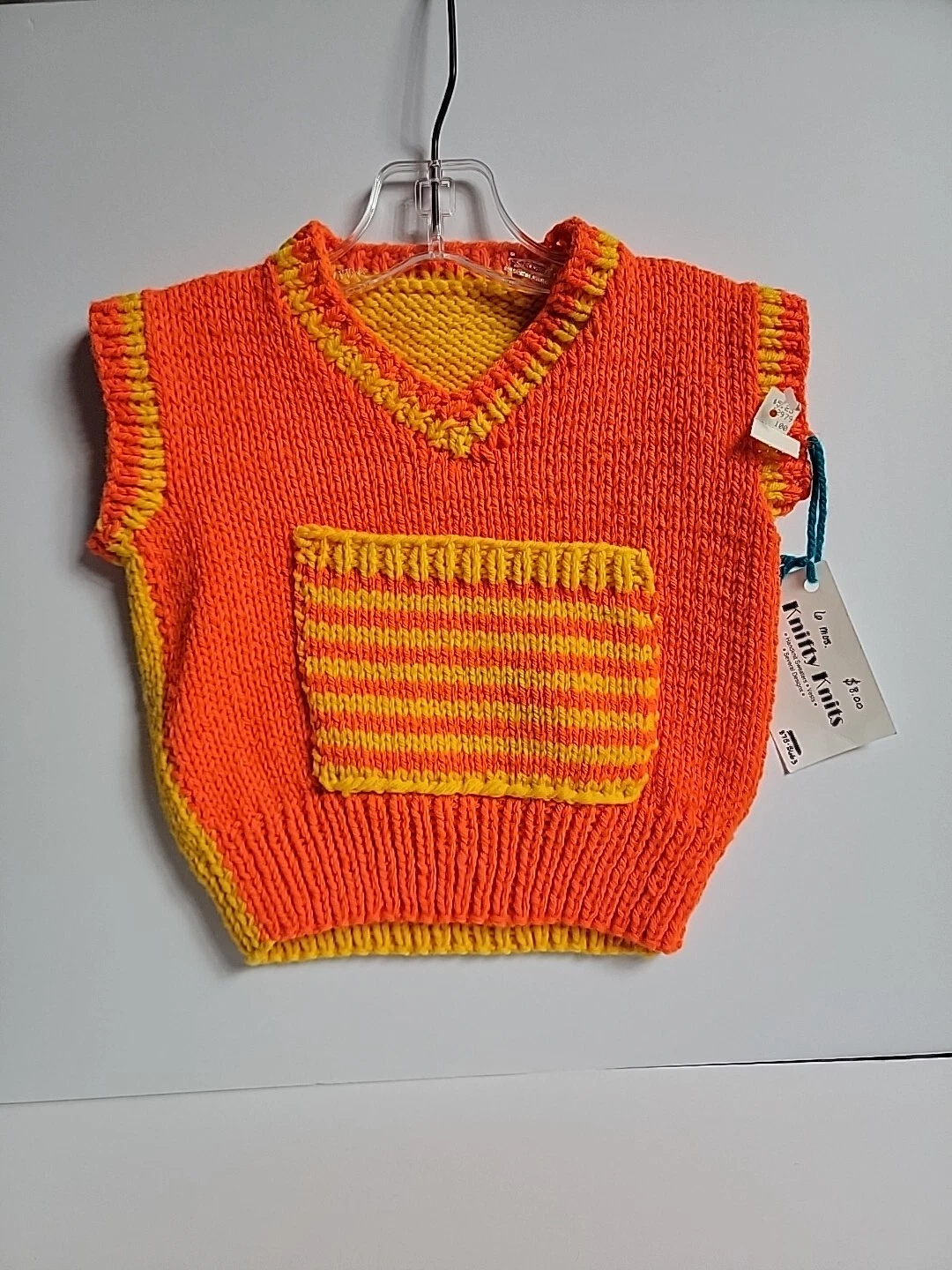 Vtg Hand Knitted Baby Sweater Vest With Kangaroo Pocket Orange Yellow 6 Mons