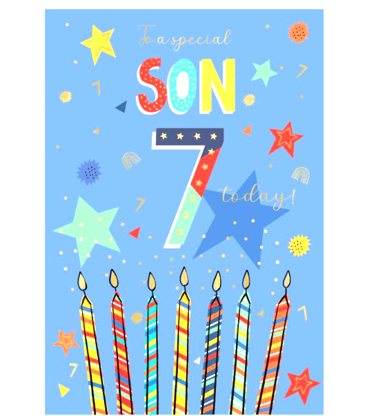 Birthday Card SON 7th 7. 9"" Card *With foiling, and paper pages inside*