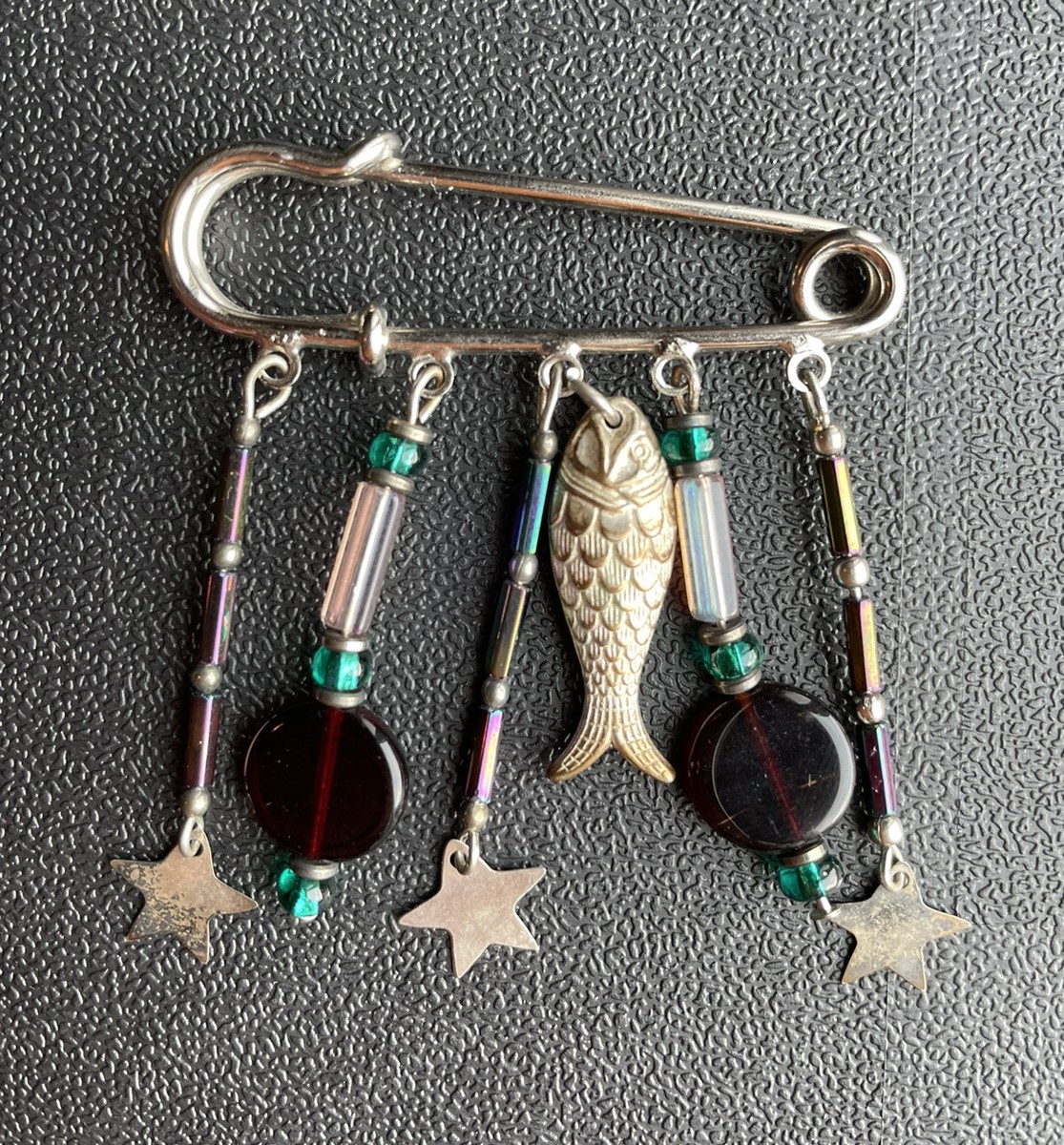 Silver Tone Safety Pin Brooch w/ Dangling Stars Fish Glass Beads