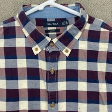 Nautica Button Up Shirt Men XL Extra Large Slim Long Sleeve Red Blue White Plaid