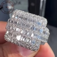 Mens Iced Out CZ Baguette Ring 925 Sterling Silver Fully Zirconia Hip Hop Bling
