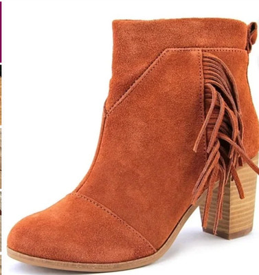 Toms  size 7 Lunata Fringed Ankle Booties Rust Suede Lace Up Heels Casual