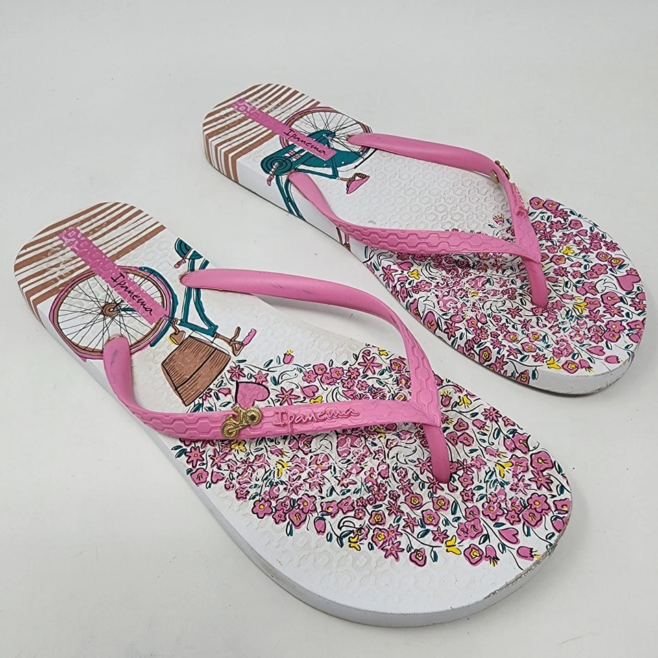 Chanclas Ipanema Mujer 9 Bicicleta Estampado de Flores Sandalias Rosa Blanco Logotipo de Bicicleta Foto 2 de 4