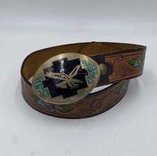 Vintage Tooled Leather Floral Belt Eagle Inlay Turquoise Buckle Southwestern 28