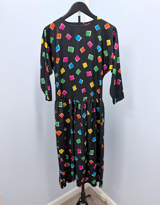 Mindy Women s Shift Dress Geometric Black/Multicolor 3/4 Sleeve Midi M