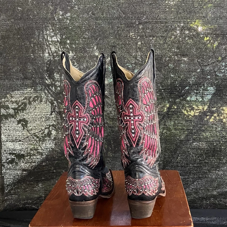 Corral Women’s Black Leather Cowboy Boots Sz 6 Pink Wing Cross Studs - Image 2 of 4