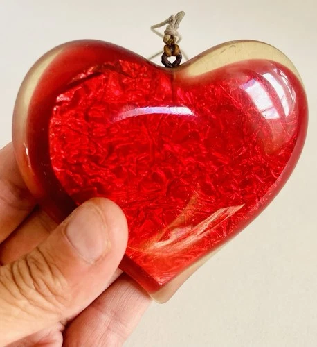 Large Vintage 1990’s Clear Red Lucite Heart Statement Pendant Costume Jewellery
