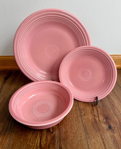 Vintage Fiesta Rose Pink Dinner and Salad Plates & Cereal Bowl Retired Color Set