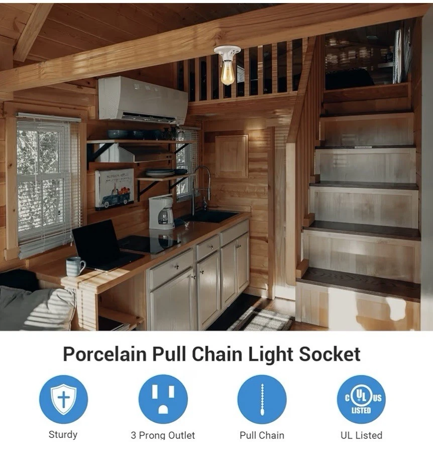 2 Pack Light Socket with Grounded Outlet, Pull Chain E26/E27 Base - Image 2 of 4