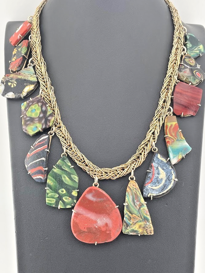 STERLING SILVER WIRE ANTIQUE ROMANO EGYPTIAN GLASS FRAGMENTS NECKLACE 20
