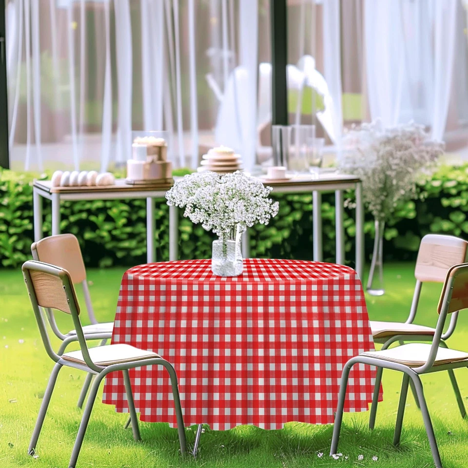 Gingham Pattern Tablecloth, Round 84 Inch, 2 Pack Disposable Plastic Cover, Red - Image 3 of 4