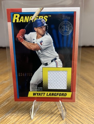 2025 Topps Series 2 1990 Blue Relic 34/150 Wyatt Langford #90R2-WL Texas Rangers