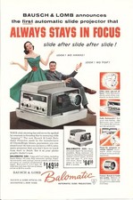 Bausch Lomb Balomatic Automatic Slide Projector Always in Focus 1957 Vintage Ad